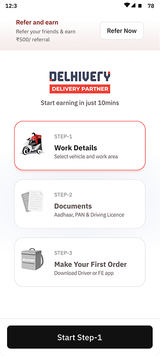 Self-serve delivery partner onboarding screen — start earning in 10 minutes