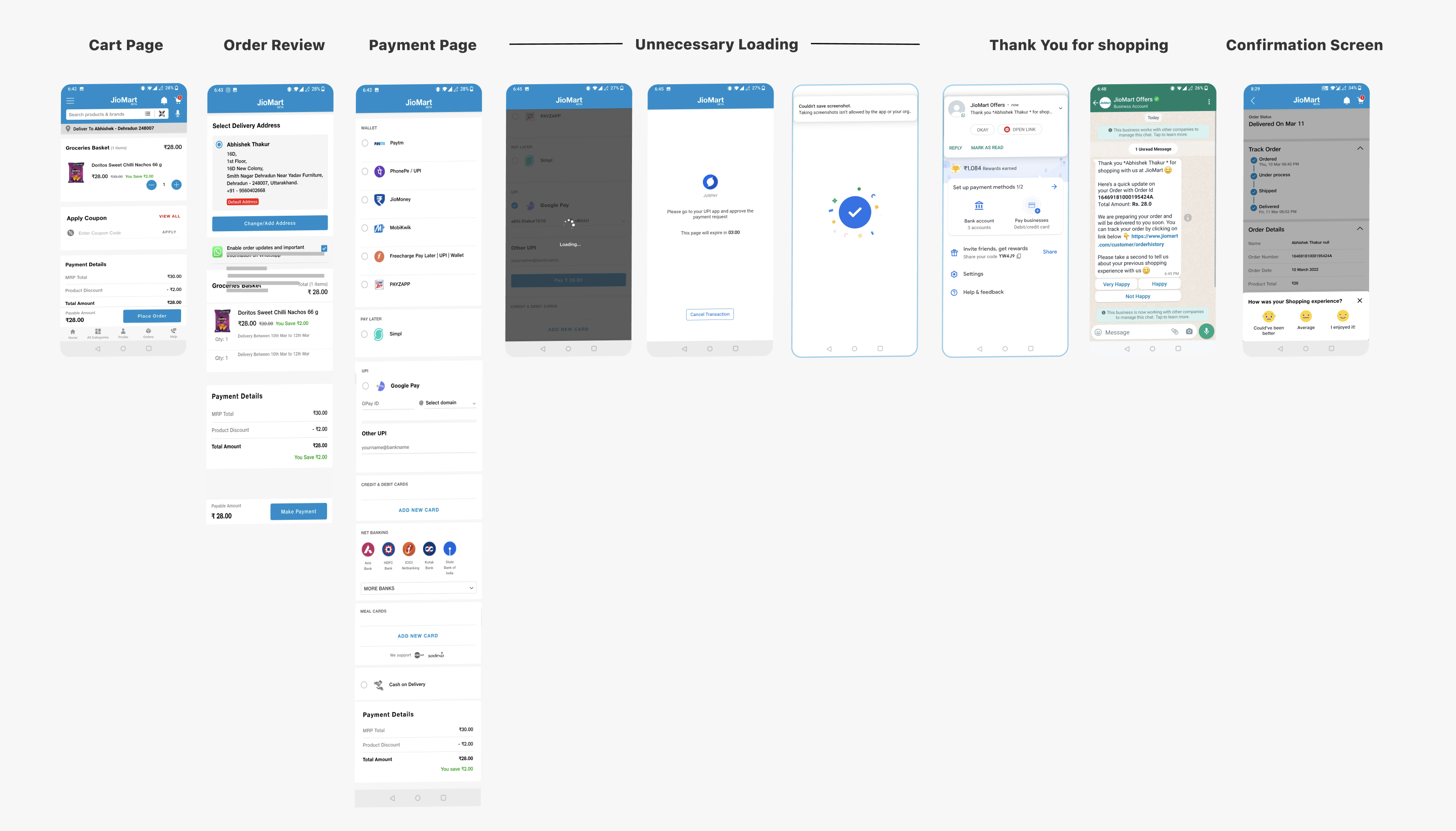 Original JioMart checkout flow: cart, order review, payment, loading, thank you, and confirmation screens