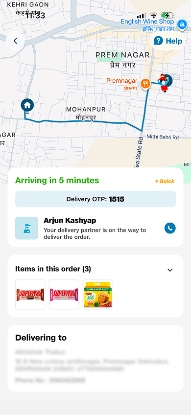 Order tracking after — live map, ETA, delivery OTP, call partner and help